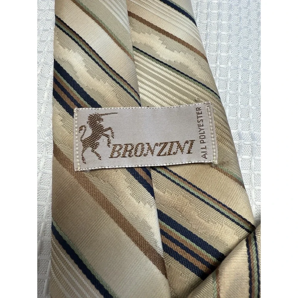Vtg 70s Bronzini Mens Silk Neck Unicorn Logo Embroidered Retro Brown‎ Striped